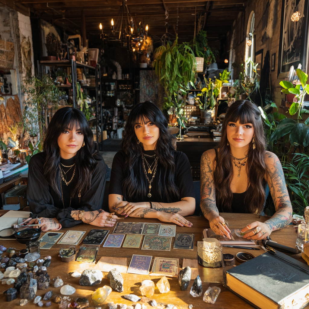 Lunar Team mit Edelsteinen und Tarotkarten sitzen am Tisch